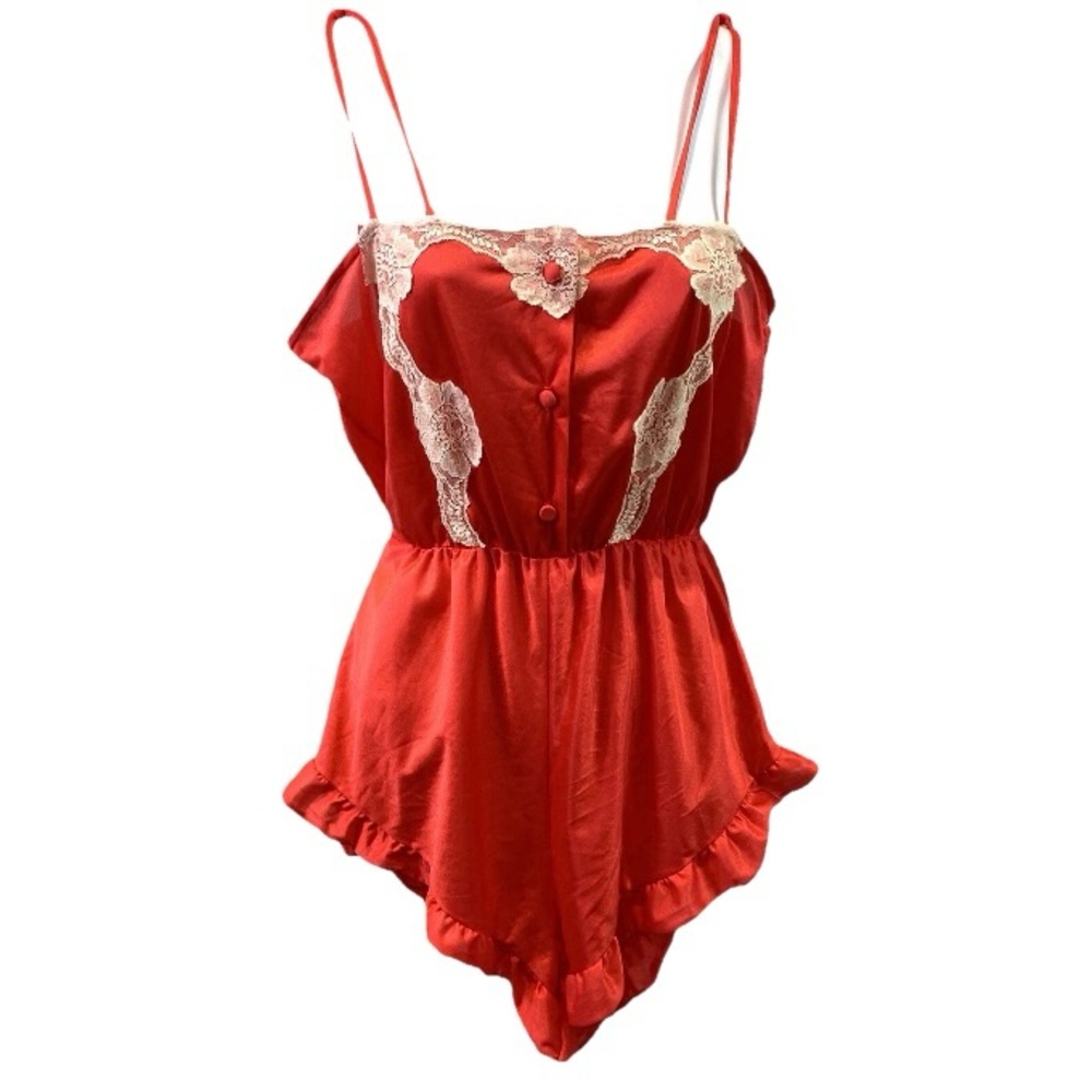 Vtg 80s DEENA Lingerie Teddy Romper Red Cream Lace Ruffle Trim